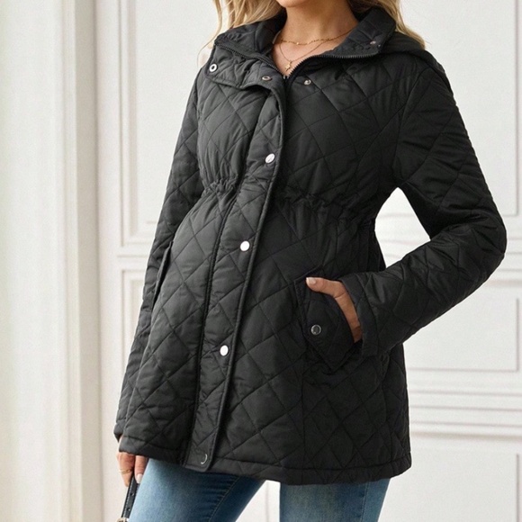 Maternity Black Quilted Pockets Zip up Snap Button Hoodie Jacket Coat - Picture 4 of 7